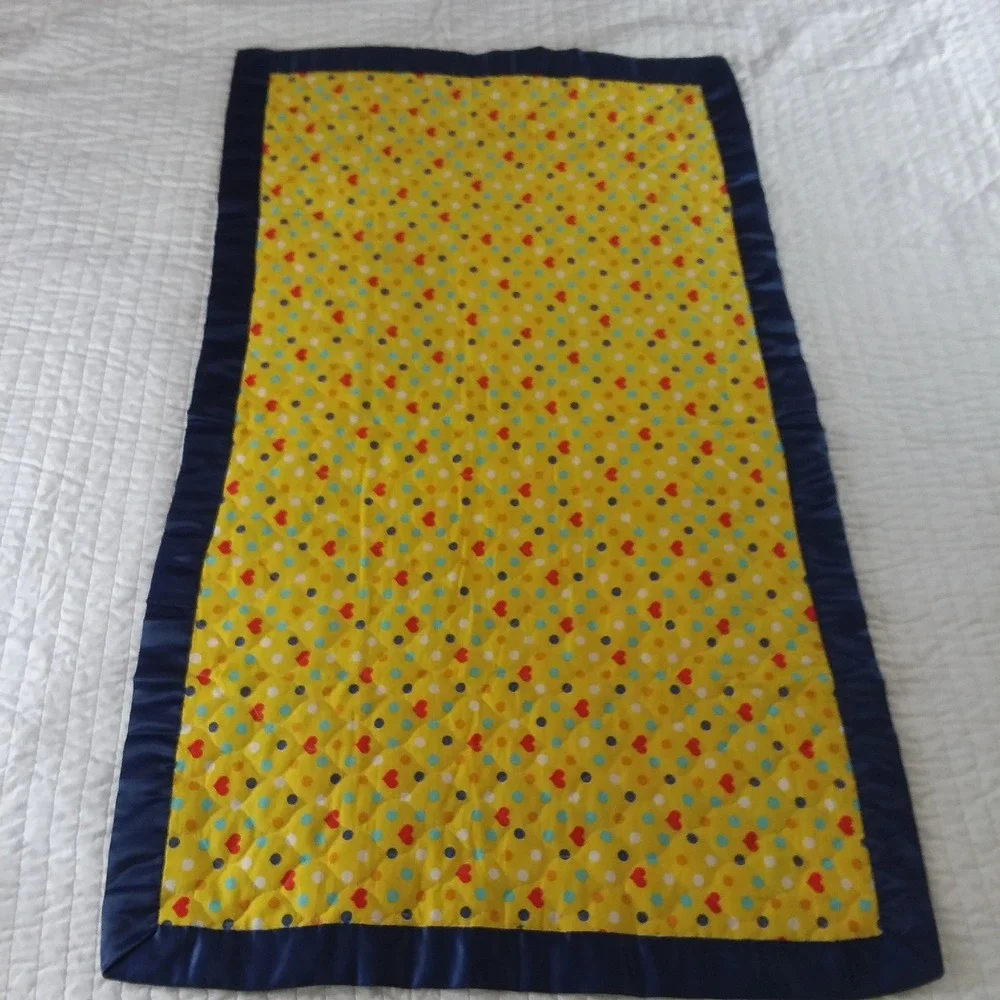 Handmade Baby Quilt Duck Patchwork Blanket Satin Trim Play Mat Blue Yellow 45x28